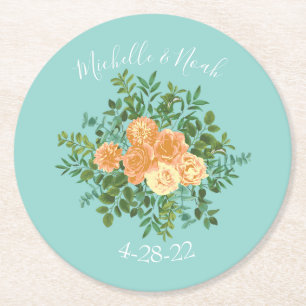 Peach Aqua Teal Wedding Roses Floral Round Paper Coaster