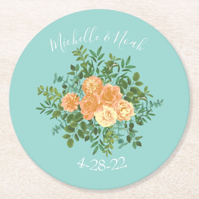 Peach Aqua Teal Wedding Roses Floral Round Paper Coaster (Front)