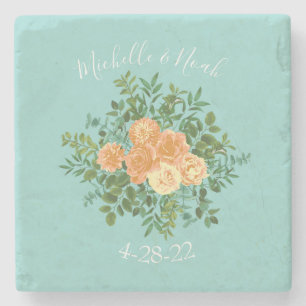 Peach Aqua Teal Wedding Roses Floral Stone Coaster