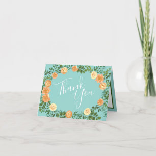 Peach Aqua Teal Wedding Roses Floral Thank You Card
