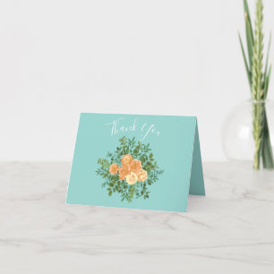 Peach Aqua Teal Wedding Roses Floral Thank You Card
