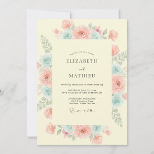 Peach Aqua Watercolor Floral Wedding Invitation