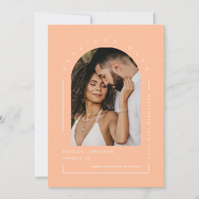 Peach Arch Photo QR Code Save Our Date Invitation (Front)