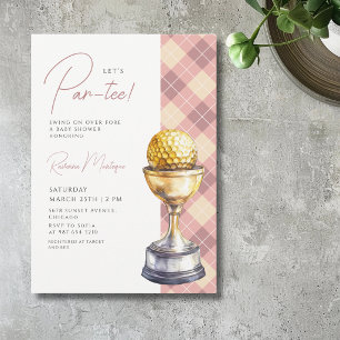Peach Argyle Golf Trophy Lets Par-Tee Baby Shower Invitation