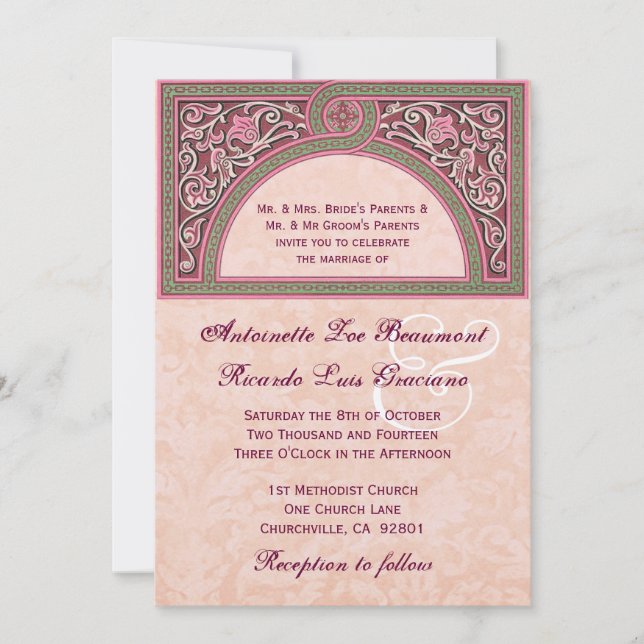 Peach Art Deco Wedding Metallic Paper V322 Invitation (Front)