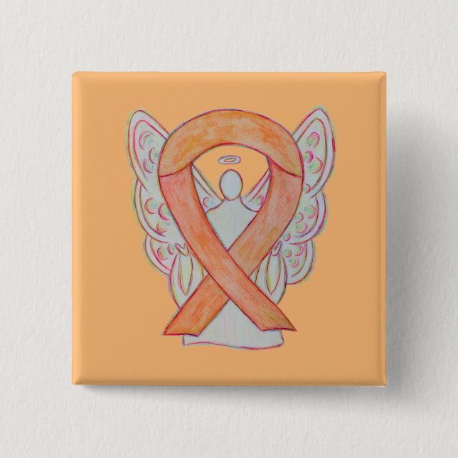 Peach Awareness Ribbon Angel Custom Art Pin Button (Front)