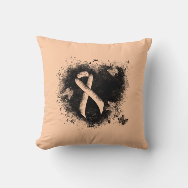 Peach Awareness Ribbon Grunge Heart Cushion (Front)