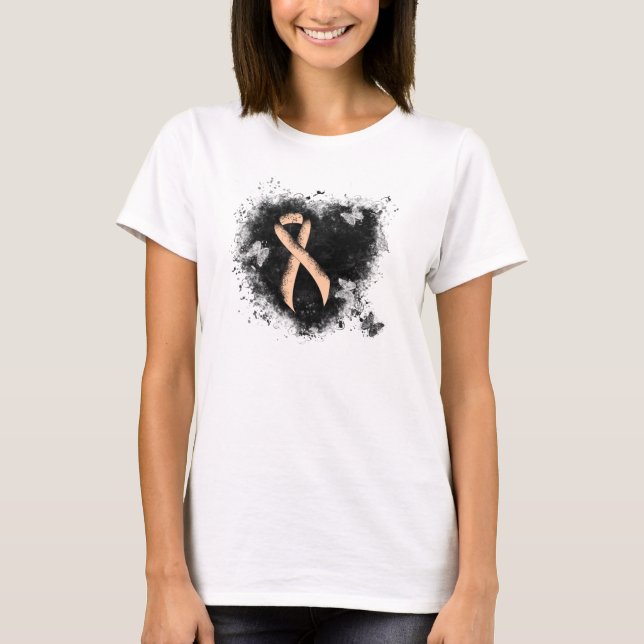 Peach Awareness Ribbon Grunge Heart T-Shirt (Front)