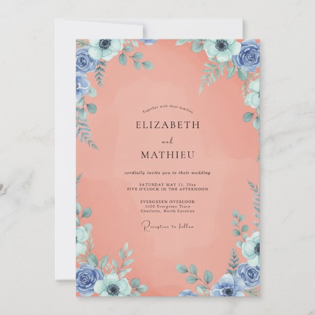 Peach Azure Leafy Wedding Invitation (Front)