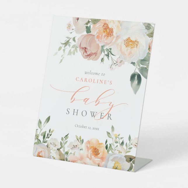 Peach Baby In Bloom Girl Baby Shower Welcome Pedestal Sign (Front)