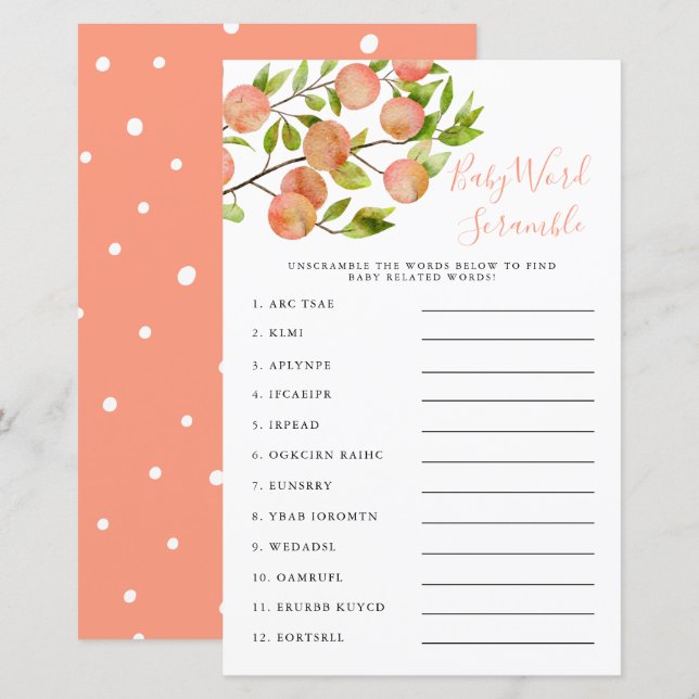 Peach Baby Shower Word Scramble Game (Front/Back)