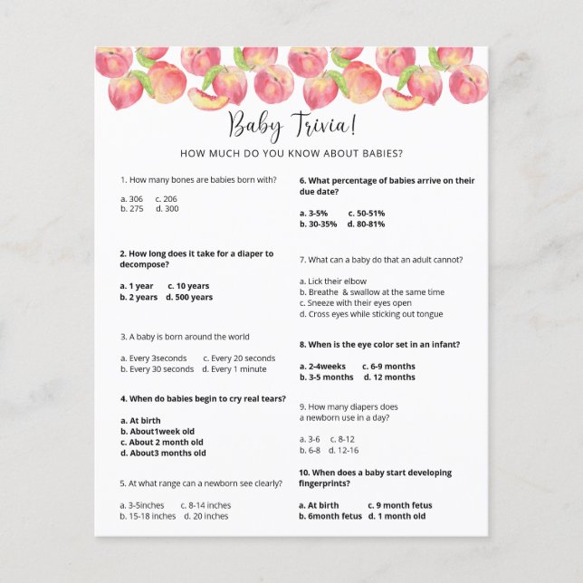 Peach Baby Trivia | Baby Shower Game (Front)