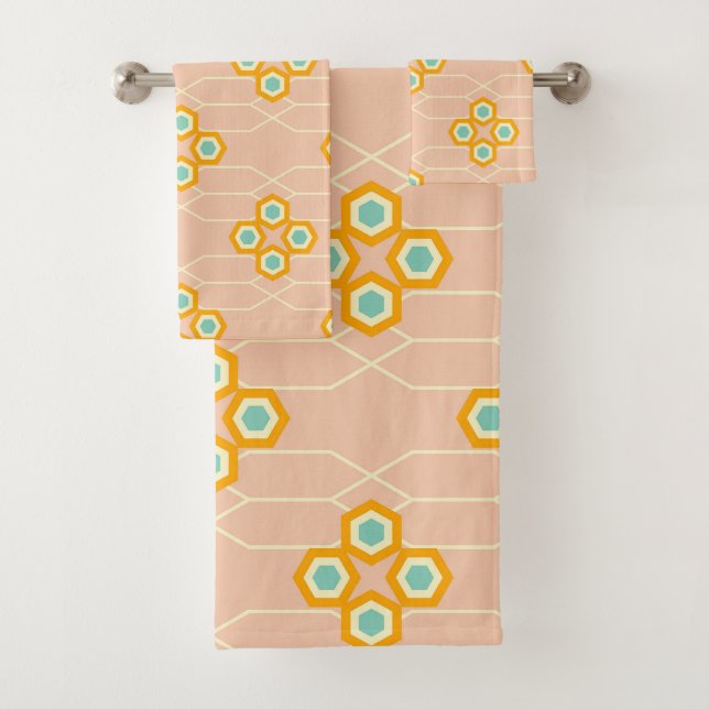 Peach background hexagonal floral pattern  bath towel set (Insitu)