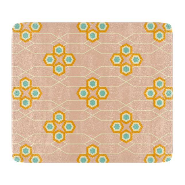 Peach background hexagonal floral pattern  cutting board (Front)
