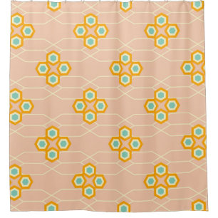 Peach background hexagonal floral pattern  shower curtain