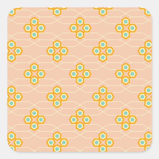 Peach background hexagonal floral pattern  square sticker (Front)