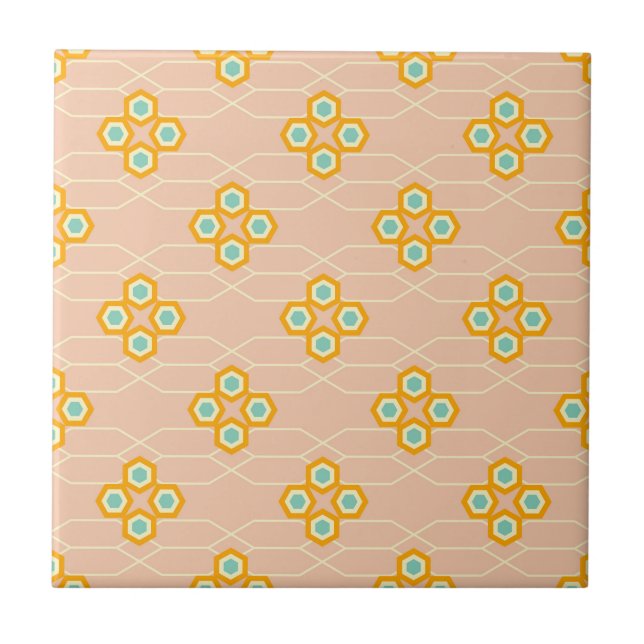Peach background hexagonal floral pattern  tile (Front)