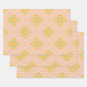 Peach background hexagonal floral pattern wrapping paper sheet