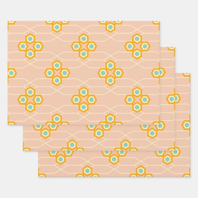 Peach background hexagonal floral pattern  wrapping paper sheet (Set)