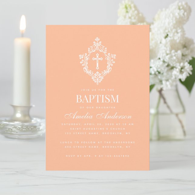 Peach Baptism Cross in Crest Elegant Vintage Invitation (Creator Uploaded)