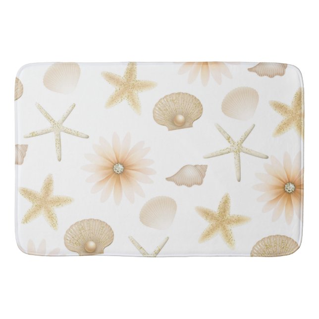 Peach Beach Seashells & Flowers Modern Glam Bath Mat (Front)