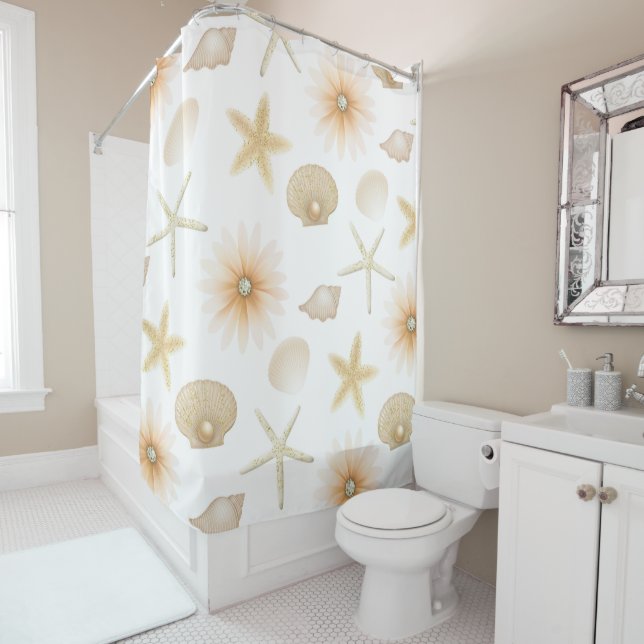 Peach Beach Seashells & Flowers Modern Glam  Shower Curtain (In Situ)