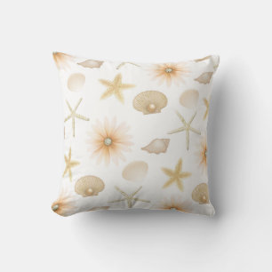 Peach Beach Seashells & Flowers Modern Glam Throw Cushion