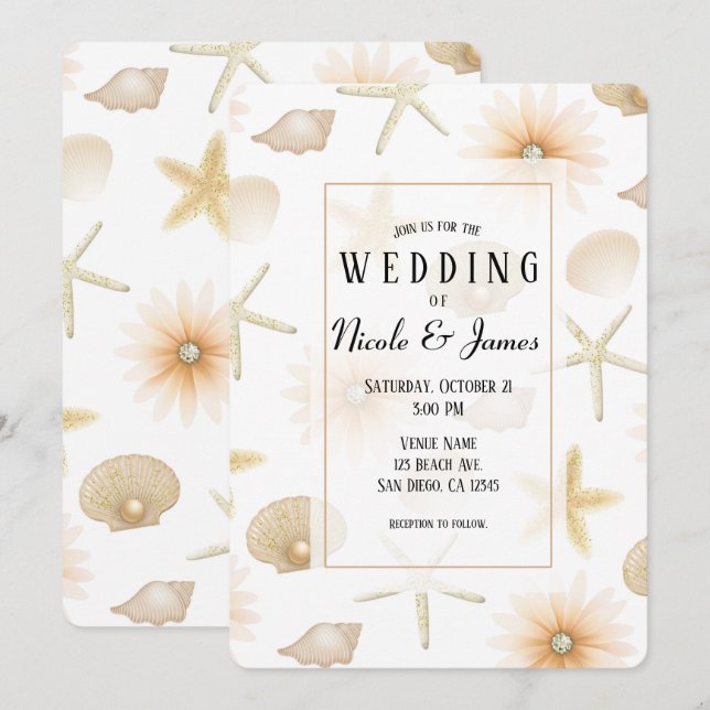Peach Beach Seashells & Flowers Modern Wedding Invitation (Front/Back)