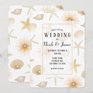 Peach Beach Seashells & Flowers Modern Wedding Invitation