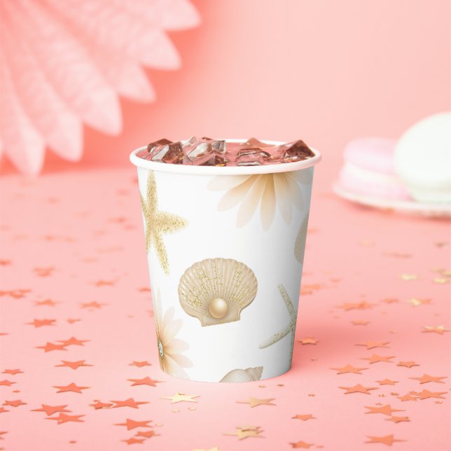 Peach Beach Seashells & Flowers Summer Chic Paper  Paper Cups (Insitu)
