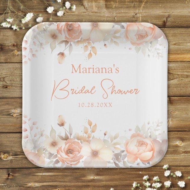 Peach Beige Floral Bridal Shower Paper Plate (Creator Uploaded)