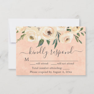 Peach Beige Floral Gold on Pink RSVP Card