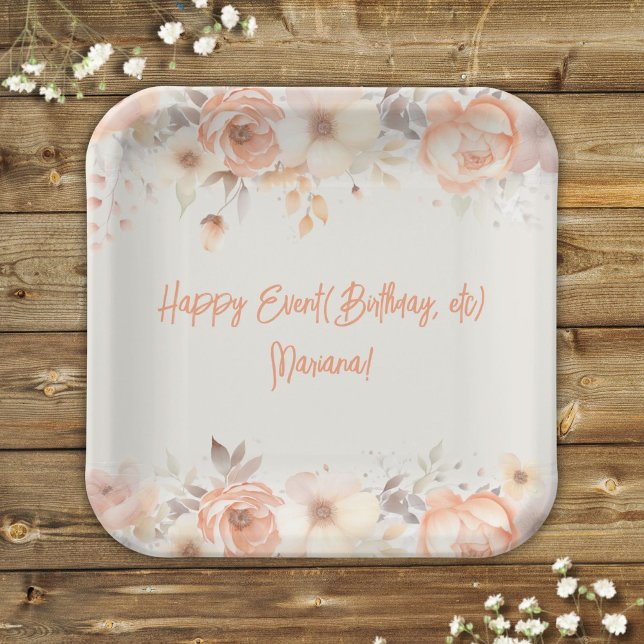 Peach Beige Flowers Floral Party Paper Plate (Creator Uploaded)