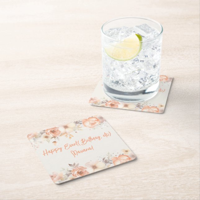 Peach Beige Flowers Floral  Party Square Paper Coaster (Insitu)