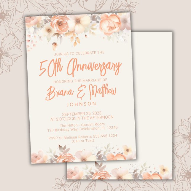 Peach Beige Ivory Floral 50th Wedding Anniversary  Invitation (Creator Uploaded)
