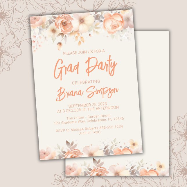 Peach Beige Ivory Floral Graduation Grad Party Invitation (Creator Uploaded)