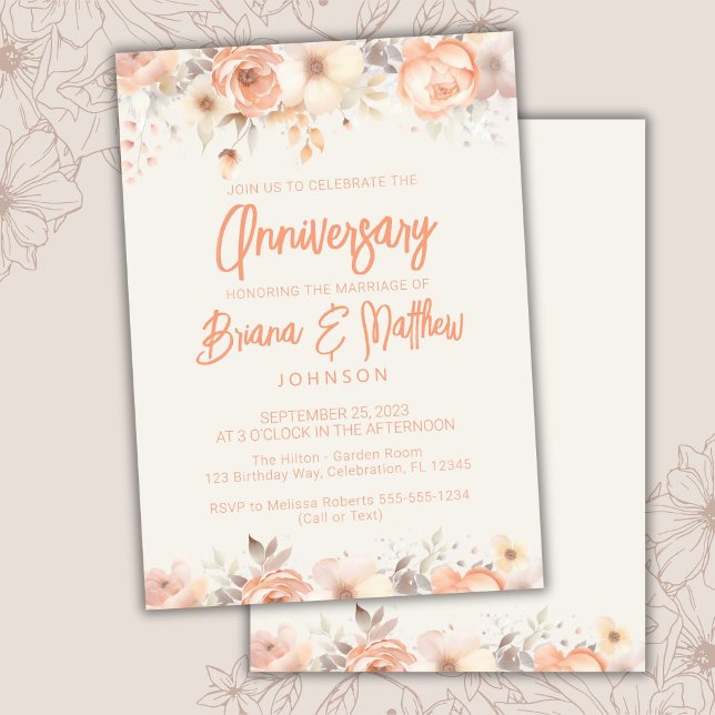 Peach Beige Ivory Floral Wedding Anniversary  Invitation (Creator Uploaded)