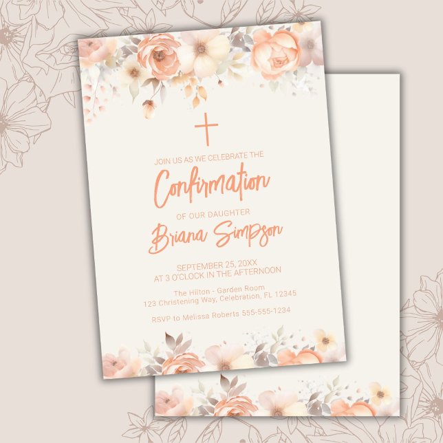 Peach Beige Ivory Flowers Floral Confirmation Invitation (Creator Uploaded)