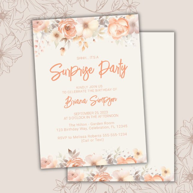 Peach Beige Ivory Flowers Surprise Birthday Party Invitation (Creator Uploaded)