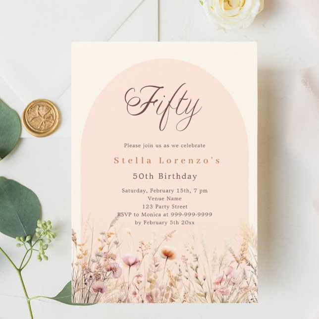 Peach beige wildflower floral luxury 50th birthday invitation (Creator Uploaded)