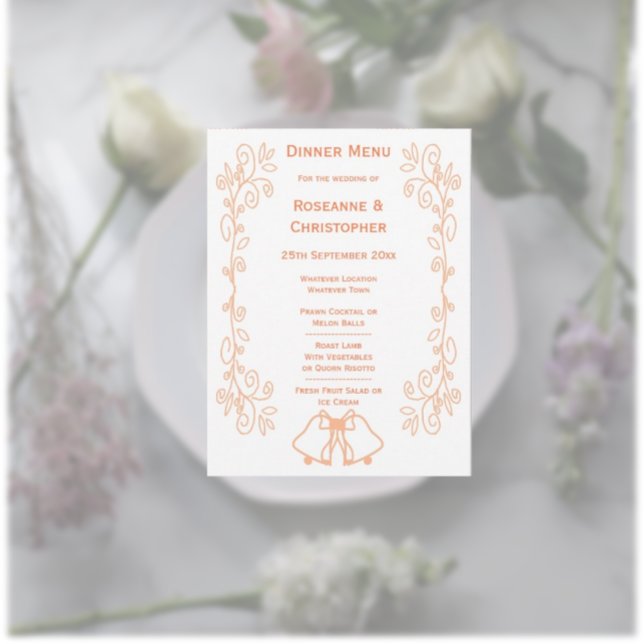 Peach Bells Scrollwork Design Wedding Menu (Peach wedding menu bells and scrollwork design)