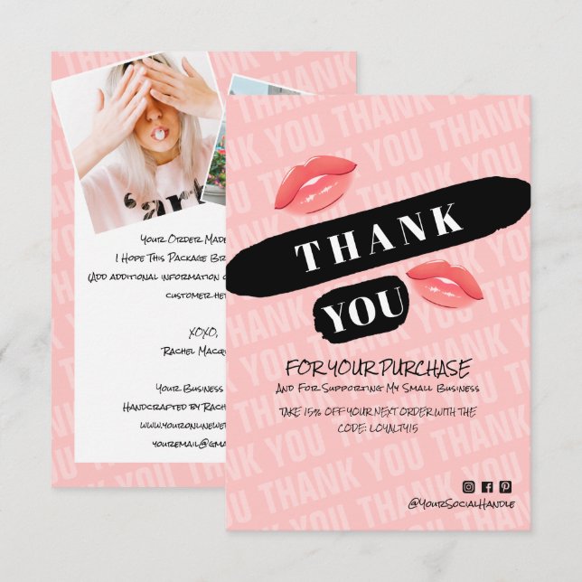 Peach Black Brushstroke Kiss Photo Order Thank You Card (Front/Back)