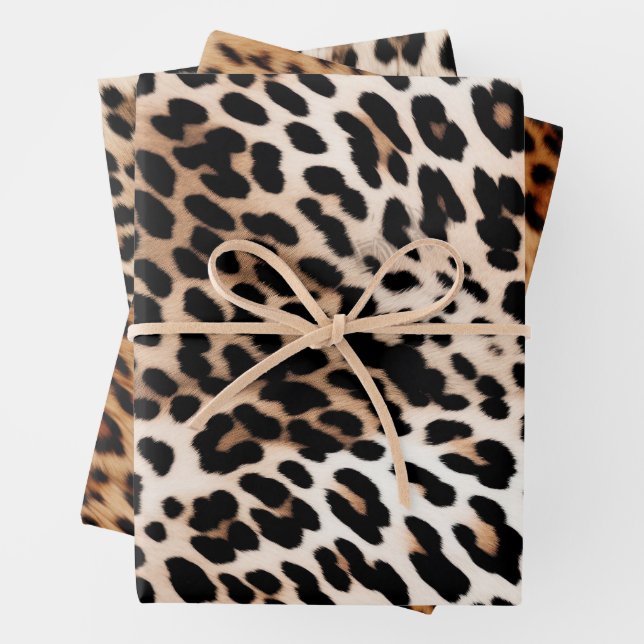 Peach Black Cream Leopard Wedding Wrapping Paper Sheet (In situ)