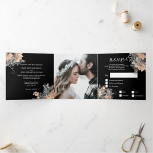 Peach black glitter butterfly rose DIY photo Tri-Fold Invitation