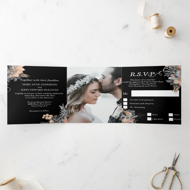 Peach black glitter butterfly rose DIY photo Tri-Fold Invitation (Inside)