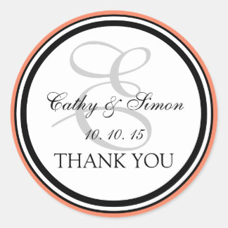 Peach Black Monogram E Wedding Thank You Classic Round Sticker