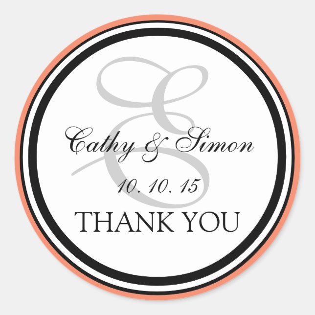 Peach Black Monogram E Wedding Thank You Classic Round Sticker (Front)