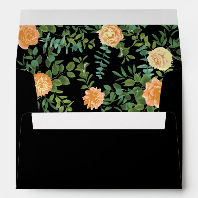 Peach & Black Peony & Rose Floral Wedding Envelope (Back (Bottom))