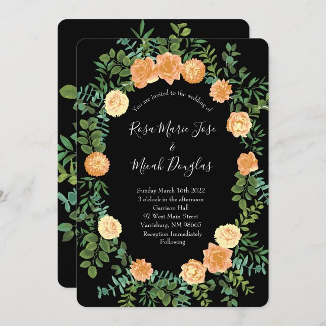 Peach & Black  Peony & Rose Floral Wedding Invitation (Front/Back)