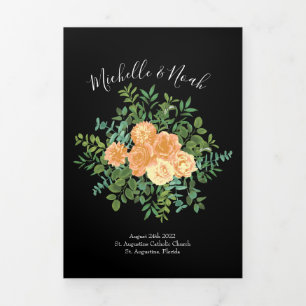 Peach Black Peony Rose Wedding Programs Tri-Fold Programme